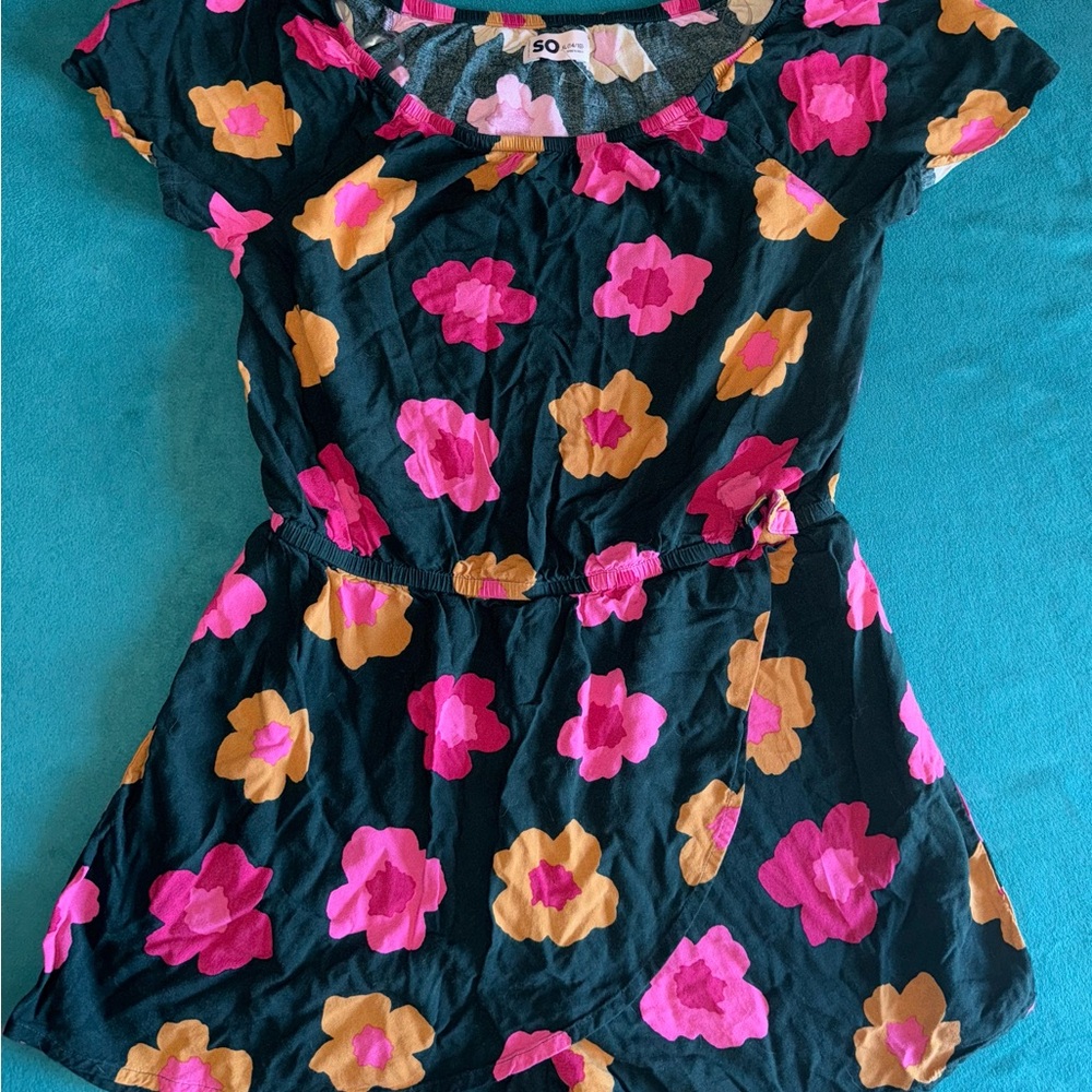 Floral Black Romper with Pink and Orange Accents